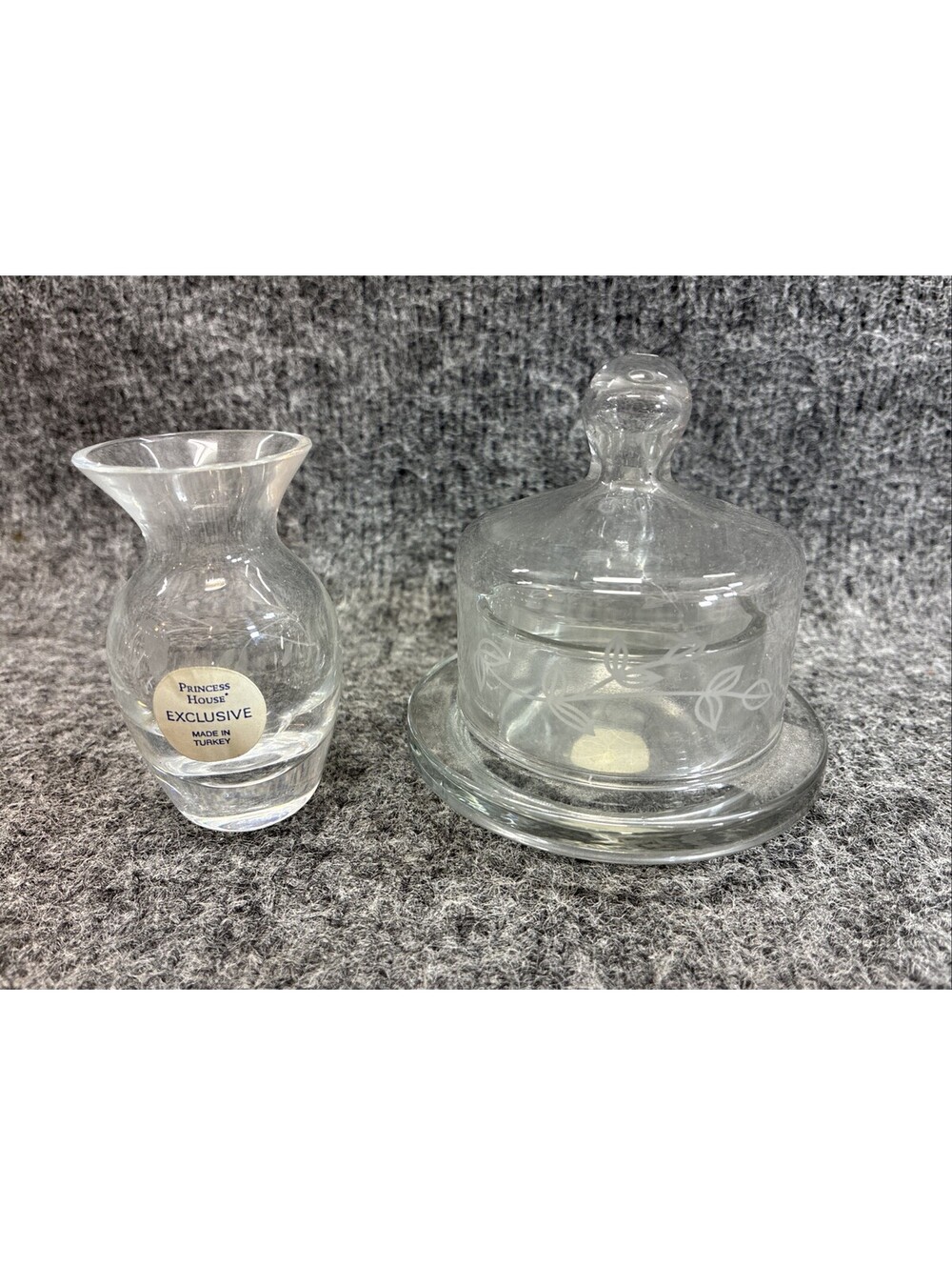 VTG Princess House Glass Covered Butter Cheese Dome/ Vase Cloche Etched Small